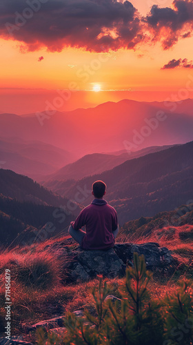 Man praying at sunset mountains Travel Lifestyle spiritual relaxation emotional meditating concept vacations outdoor harmony with nature landscape © Lila Patel