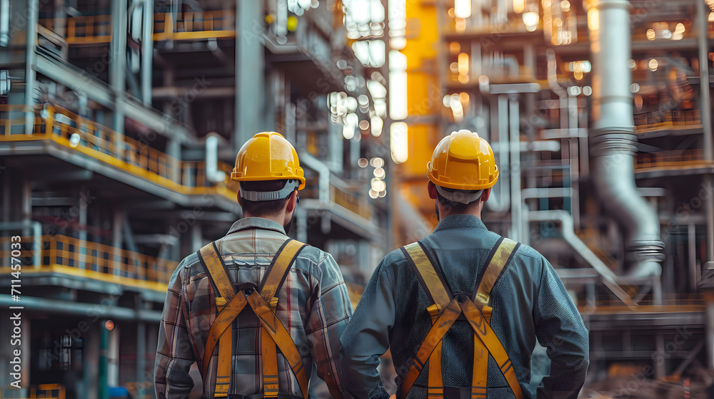 Two construction workers wearing safety uniform and hard hats working in construction site looking at the building. view from behind. Two construction workers wearing safety uniform and hard hats working in construction site looking at the building. view from behind.