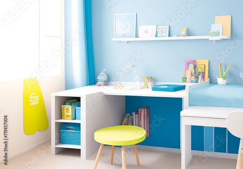 Working table in kid's room. Interior and design of modern bright and spacious children's room for preteen child. © Fahim
