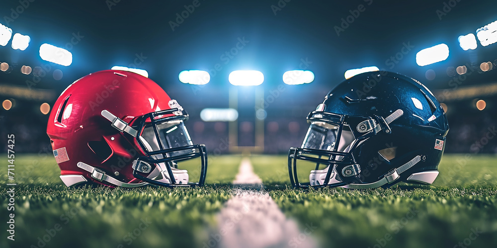 Fototapeta premium American football helmets facing each other on a football field with stadium lights