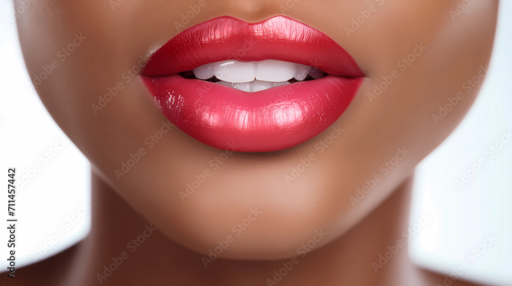 Obraz premium Front view and close up image of African American young model with fashion glossy lipstick. Model with perfect plump Lips. Lips makeup closeup. Beauty clinic concept