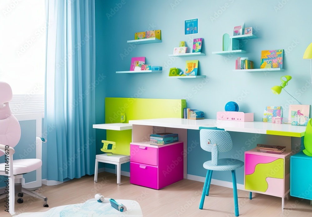 Working table in kid's room. Interior and design of modern bright and spacious children's room for preteen child. Working table in kid's room. Interior and design of modern bright and spacious children's room for preteen child.