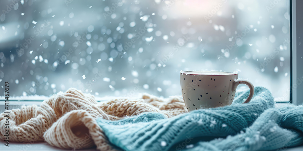 Hot coffee cup on snowy sill, wrapped in a knitted blue blanket, epitomizing winter warmth. Cozy Winter Coffee with copy space. Hot coffee cup on snowy sill, wrapped in a knitted blue blanket, epitomizing winter warmth. Cozy Winter Coffee with copy space.