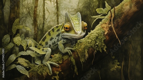 An intricately depicted chameleon camouflaging against a moss-covered tree, its textured skin blending seamlessly with the surroundings - Generative AI