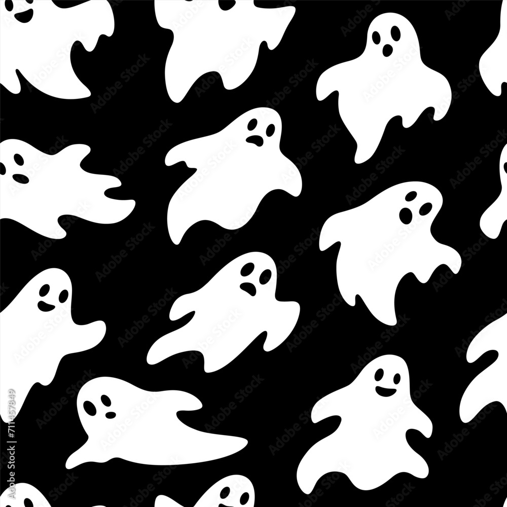 Simple cute sheet ghost characters, seamless vector pattern, background. Halloween spooky drawings.