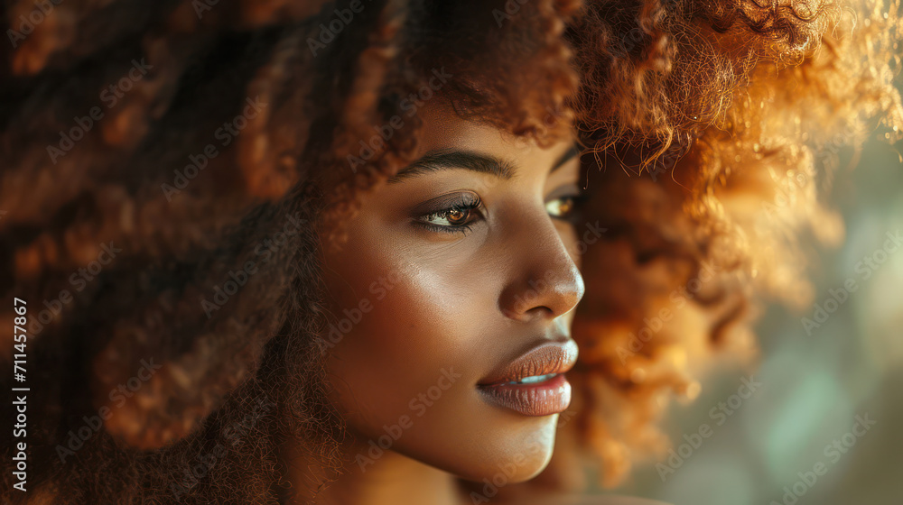 Curly Beauty: A Young African-American Woman with Attractive Afro Hair, Positively Posing in a Stylish Studio. Curly Beauty: A Young African-American Woman with Attractive Afro Hair, Positively Posing in a Stylish Studio.