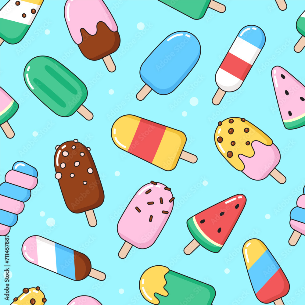 Simple ice cream, eskimo, popsicle seamless pattern. Summer, dessert, cute vector cartoon background