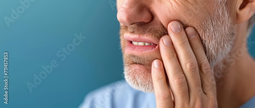 Man with Toothache portrait. Close-up of a distressed man with a toothache, pressing his cheek, showing pain and discomfort, banner template. photo