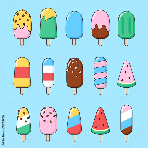 Set of simple ice cream  eskimo  popsicle illustrations. Summer  dessert  cute vector cartoon drawings. 