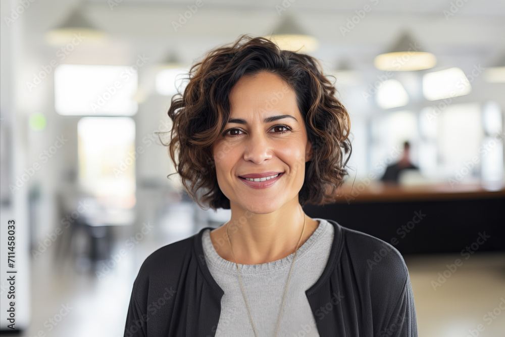 Portrait of sincerely smiling middle aged elegant small business owner, female company manager, happy beautiful mature female manager - obrazy, fototapety, plakaty 