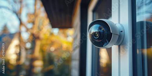 Modern Home Security white CCTV Camera. Close-up of a modern CCTV camera mounted on a home's exterior wall for security surveillance, with a residential background. photo