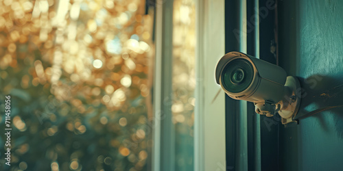 Modern Home Security CCTV Camera. Close-up of a modern CCTV camera mounted on a home's exterior wall for security surveillance, with a residential background, copy space. photo