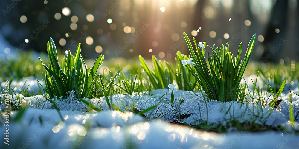 the snow is melting, green grass is breaking out from under it, the concept of the arrival of spring - obrazy, fototapety, plakaty 