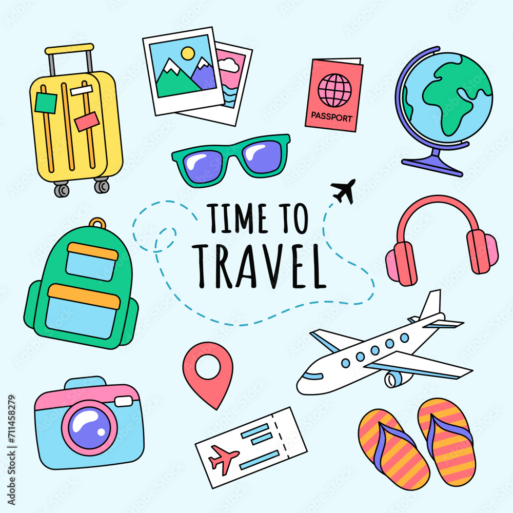 Travel and vacation objects, icons and accessories. Set of cartoon, comic holiday illustrations, vector drawings.
