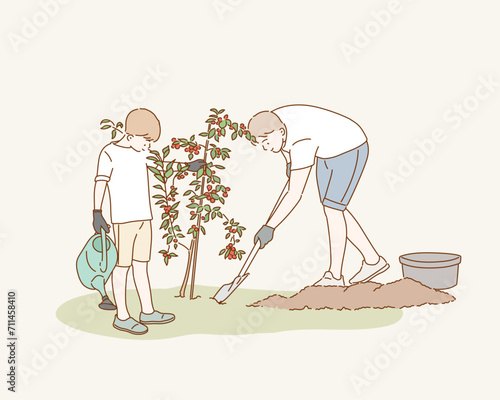 Dad and son with watering can and shovel plant a tree. Hand drawn style vector design illustrations.