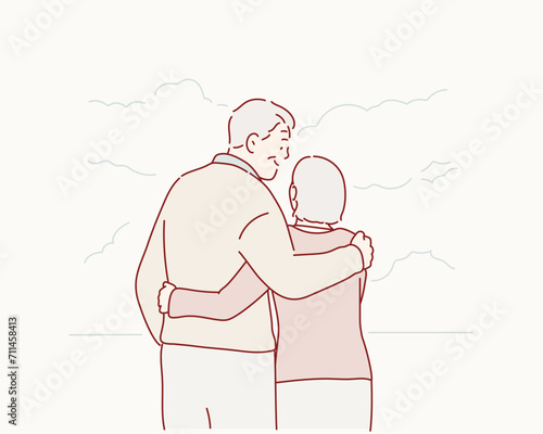 Rear view of of senior couple. Hand drawn style vector design illustrations.