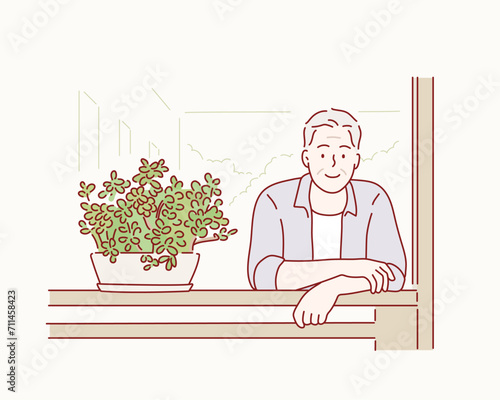 Senior man sitting in garden. Hand drawn style vector design illustrations.