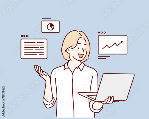 Successful young woman holding  laptop computer. Hand drawn style vector design illustrations.
