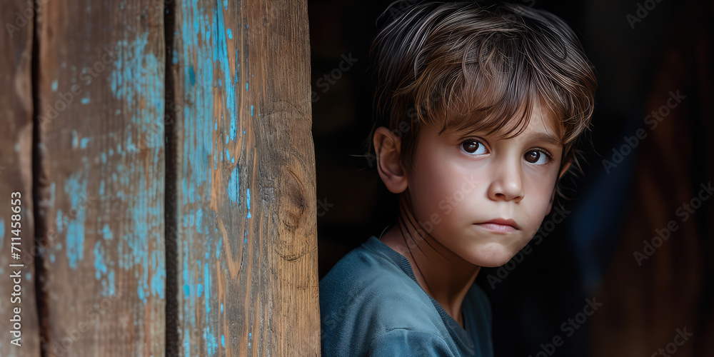 Fototapeta premium Youthful Gaze from Rustic Abode. Young sad lonely boy peering from a weathered wooden window, innocence, poverty, curiosity.