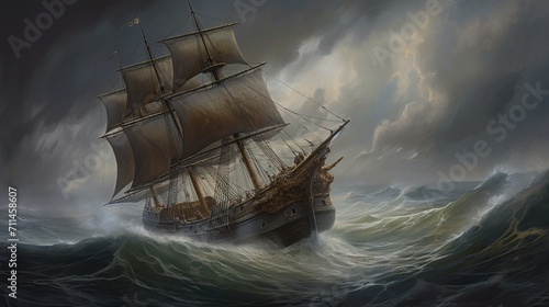 An intricately depicted pirate ship navigating through a raging storm, billowing sails in the tumultuous winds, captured with detailed realism in an oil painting style - Generative AI