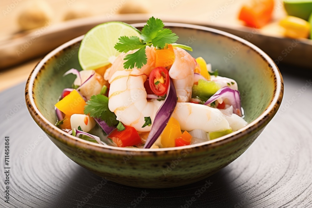 close-up of mixed seafood ceviche with avocado slices