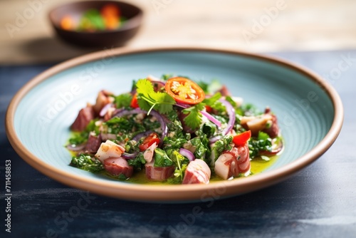 side view of octopus ceviche in a shallow dish with herbs