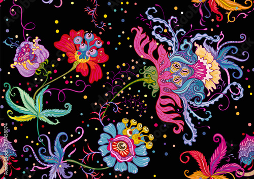 Fantasy, alien hypnotic flowers, decorative flowers and leaves. Cartoon style. Millefleurs trendy floral design. Seamless pattern, background. Outline hand drawing vector illustration.