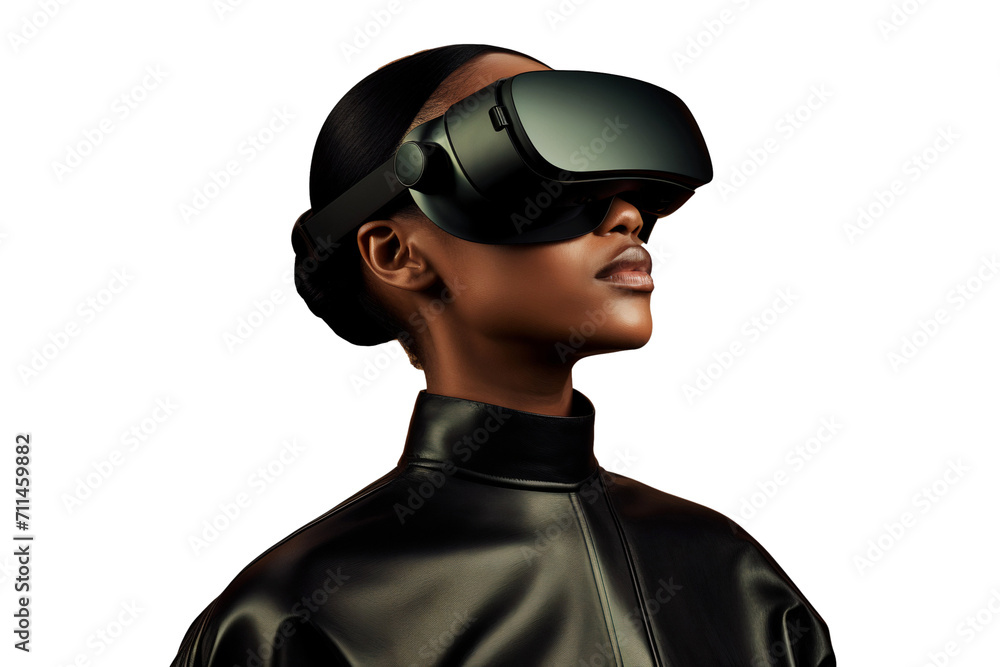A black woman using virtual reality headset, isolated on transparent background. A black woman using virtual reality headset, isolated on transparent background.