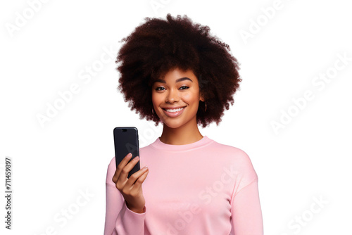 Portrait of a smiling black woman holding smartphone, isolated on transparent background