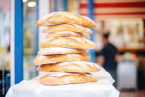 stacked ciabatta loaves in a bakery display