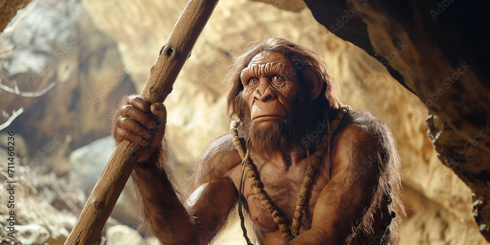 Neanderthal with a huge wooden club against the backdrop of a cave - obrazy, fototapety, plakaty 