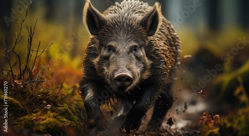 A muddy boar charges through the grass, its snout raised high as it revels in the freedom of the wild