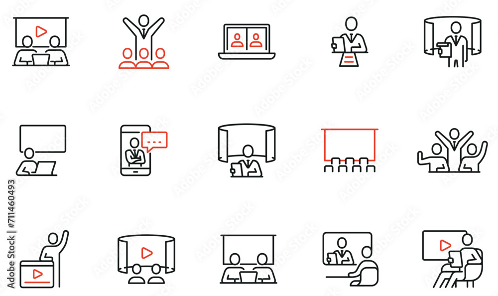 Vector set of linear icons to adversing promotion, video content, streaming and video communication. Mono line pictograms and infographics design elements - obrazy, fototapety, plakaty 