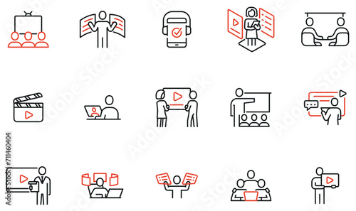 Vector set of linear icons to adversing promotion, video content editing and user experience. Mono line pictograms and infographics design elements photo