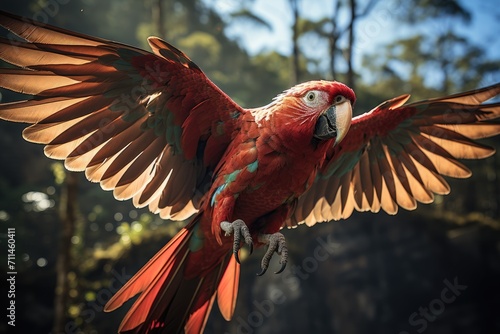 A vibrant macaw soars through the endless blue sky, its majestic wings and striking red feathers a symbol of freedom and grace © familymedia