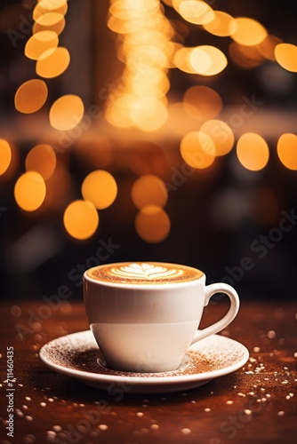 White cup and saucer filled with coffee on a table in a cafe. Coffee advertising concept.   mpty space for text  vertical