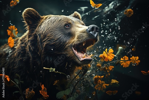 A majestic brown bear frolics amidst a sea of fluttering butterflies in the tranquil setting of an outdoor aquarium, showcasing the captivating beauty of marine life and wildlife