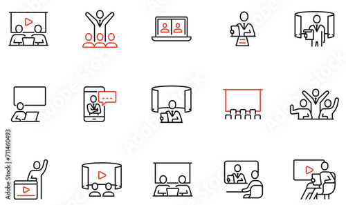 Vector set of linear icons to adversing promotion, video content, streaming and video communication. Mono line pictograms and infographics design elements