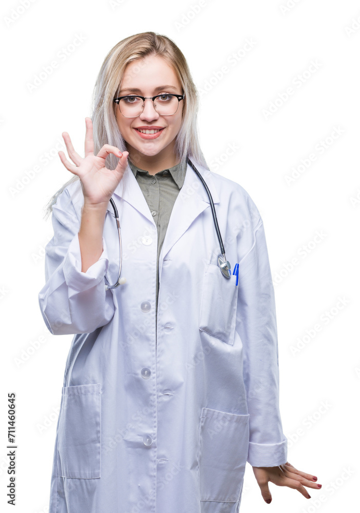 Young blonde doctor woman over isolated background smiling positive doing ok sign with hand and fingers. Successful expression. Young blonde doctor woman over isolated background smiling positive doing ok sign with hand and fingers. Successful expression.