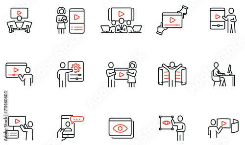 Vector set of linear icons to creation, video content editing, user experience and video settings. Mono line pictograms and infographics design elements