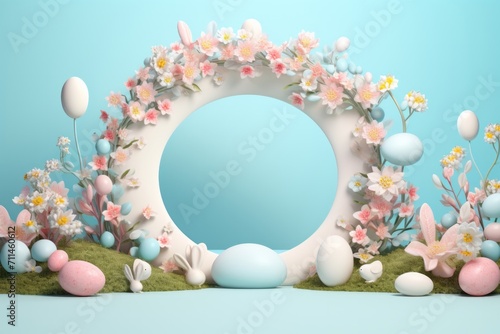 Easter eggs with a circle in the center decorated with flowers on a blue background. Easter and spring celebration concept. Postcard on a spring theme. Еmpty space for text.

