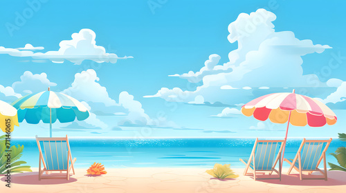 summer beach with chairs and umbrellas, illustration background