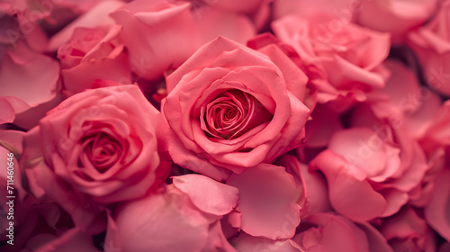 Closeup Bouquet of Pink Roses Flower Texture Background for Valentine's Day Celebration or Summer Wedding. Pattern of Pink Rose Petals. Pink Roses Background for Love and Romance