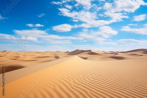 Majestic desert landscape with endless dunes under a brilliant azure sky, Generative AI