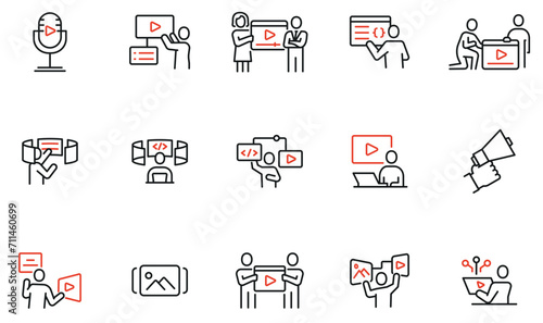 Vector set of linear icons to creation, video content editing, user interface and video settings. Mono line pictograms and infographics design elements