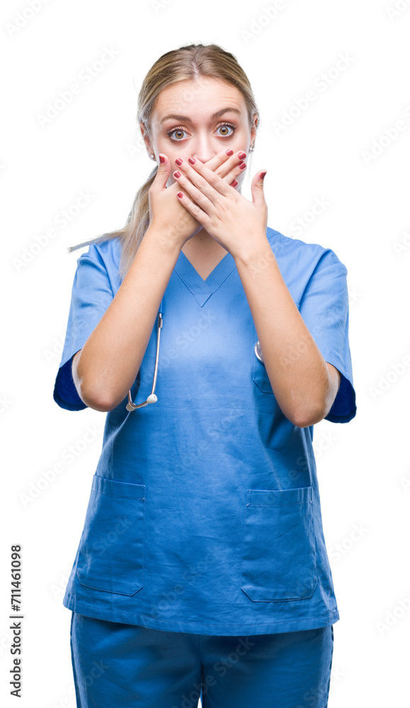 Young blonde surgeon doctor woman over isolated background shocked covering mouth with hands for mistake. Secret concept. Young blonde surgeon doctor woman over isolated background shocked covering mouth with hands for mistake. Secret concept.