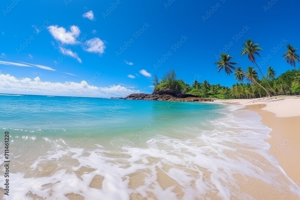 Fototapeta premium Panoramic view of a beach paradise under a brilliant blue sky and gentle ocean waves, Generative AI