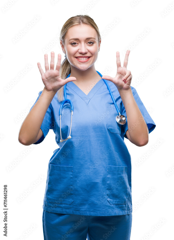 Young blonde surgeon doctor woman over isolated background showing and pointing up with fingers number eight while smiling confident and happy. Young blonde surgeon doctor woman over isolated background showing and pointing up with fingers number eight while smiling confident and happy.