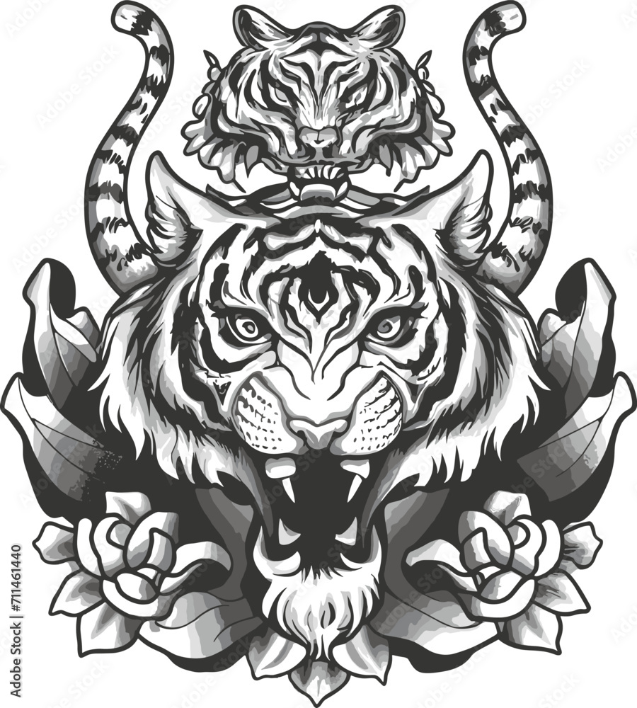 Fototapeta premium A sketch of a roaring tiger's face and dragon in black and white.