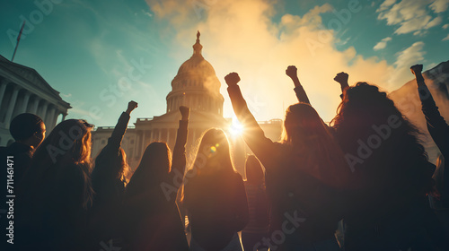 Photograph of a group of women closing fist of up high in front of government building. White smoke color palette. Women's day. 8M photo